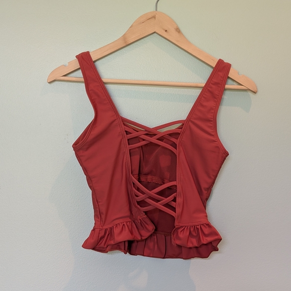 Ruffled Hem Criss Cross Open Back Swim Top - Picture 2 of 5